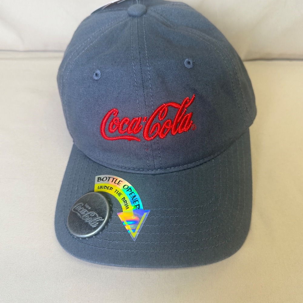 Coca-Cola Mens Grey Baseball Cap Hat with Built-in Bottle Opener Under Brim NWT